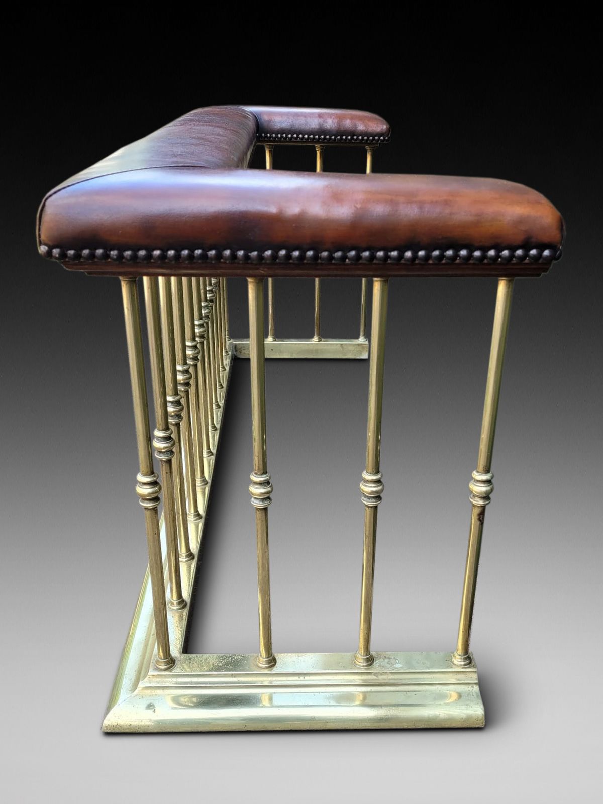 19th C Brass Fender With Padded Leather Seats photo furniture