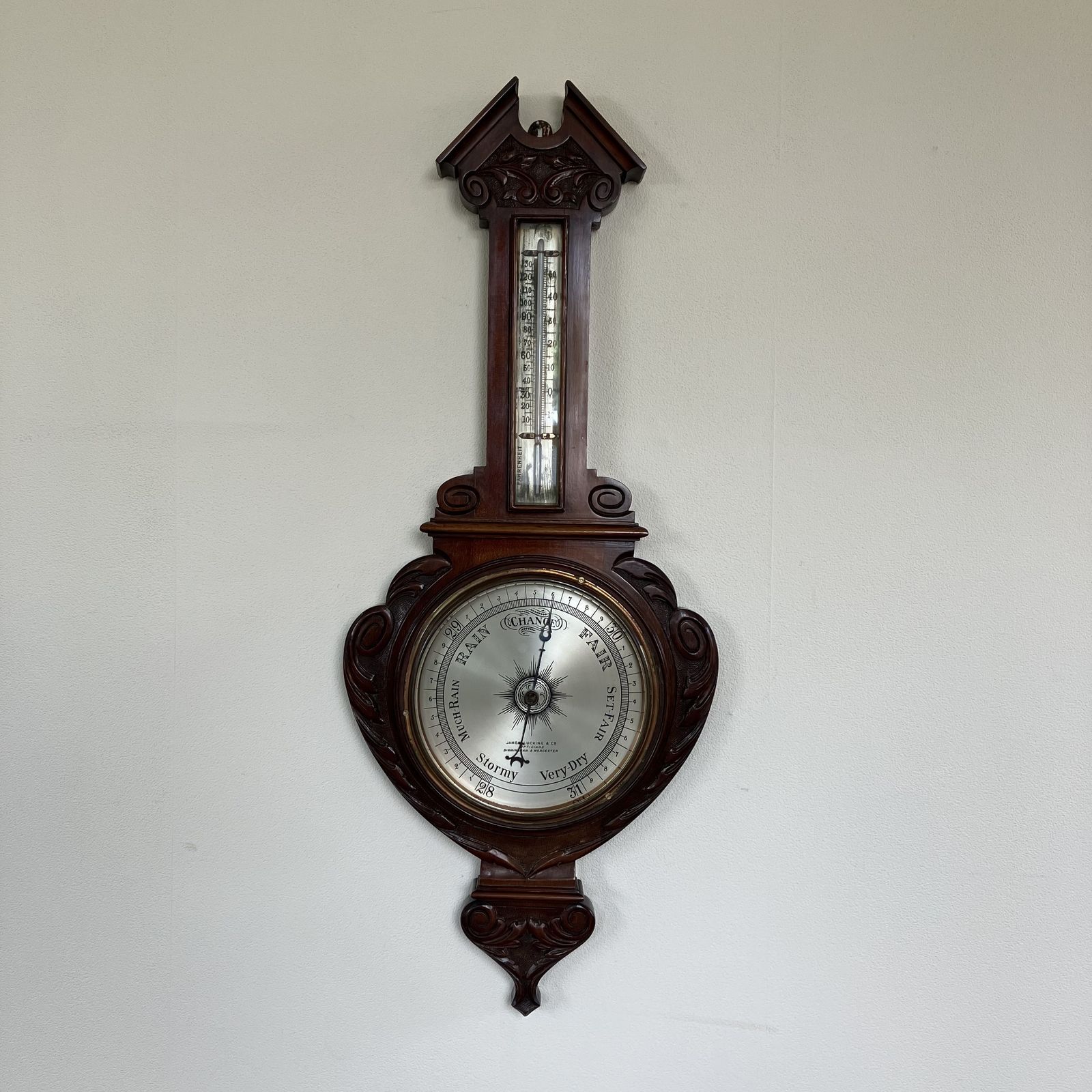 Beautiful Edwardian Carved Banjo Aneroid Barometer With Thermometer By James Lucking & Co photo vinterior