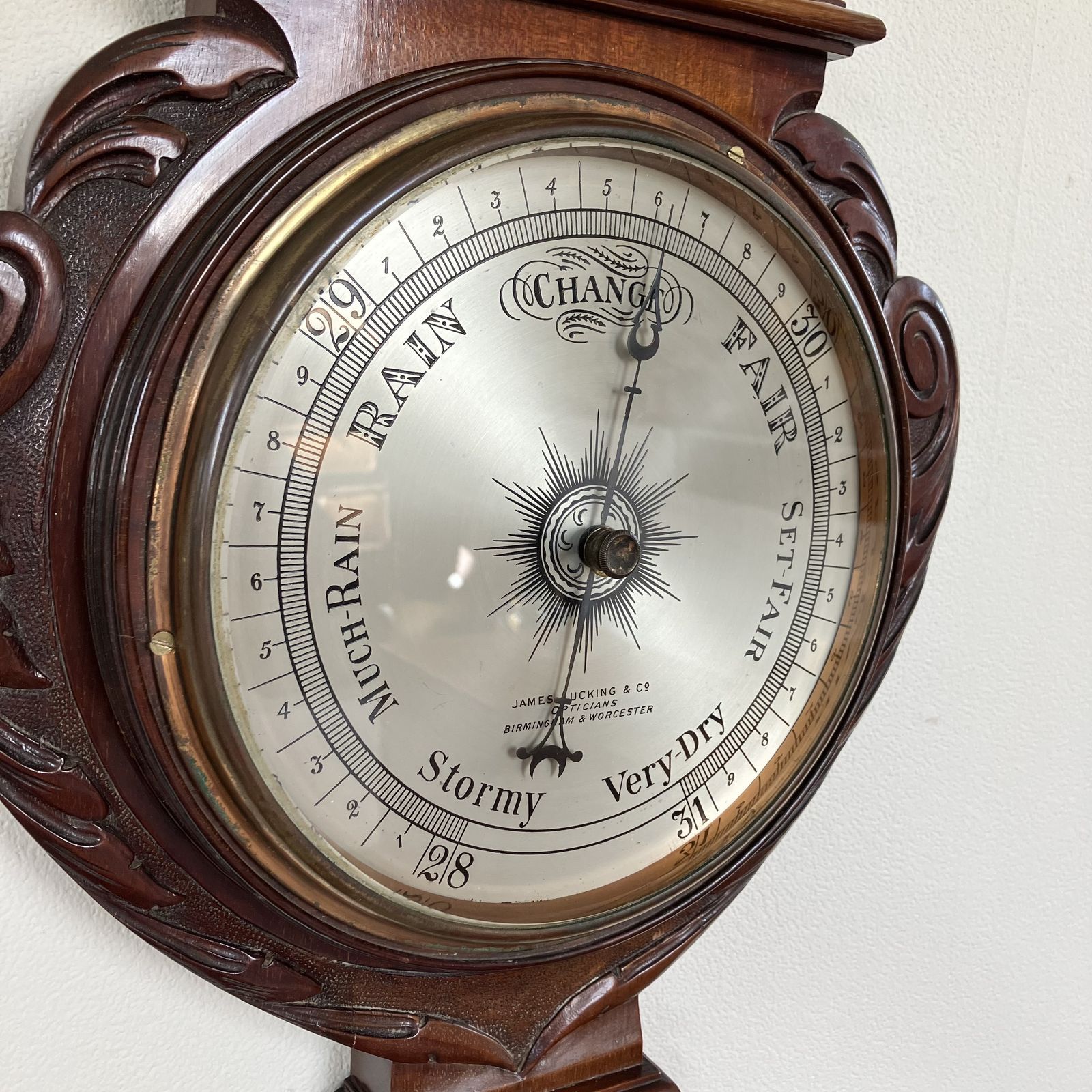 photo for sale Beautiful Edwardian Carved Banjo Aneroid Barometer With Thermometer By James Lucking & Co