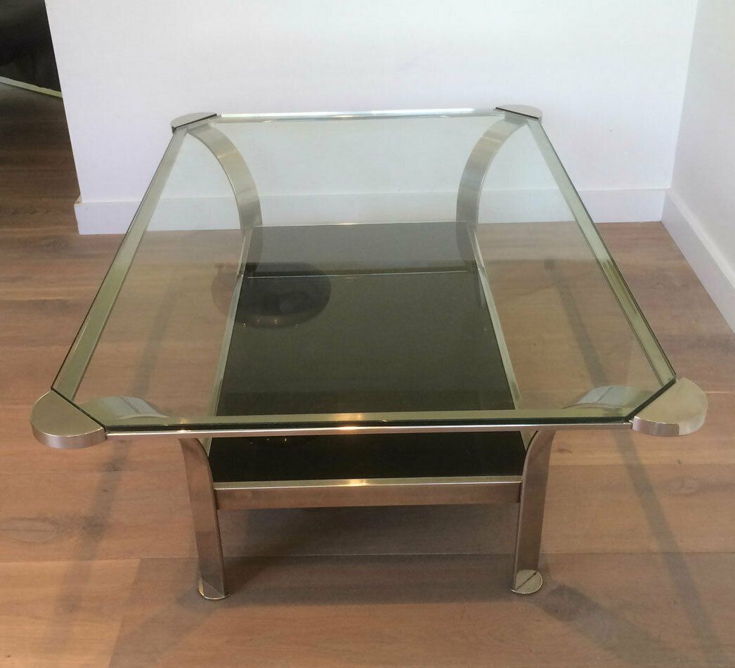 photo buy Important Designer Coffee Table In Chrome And Glass Trays