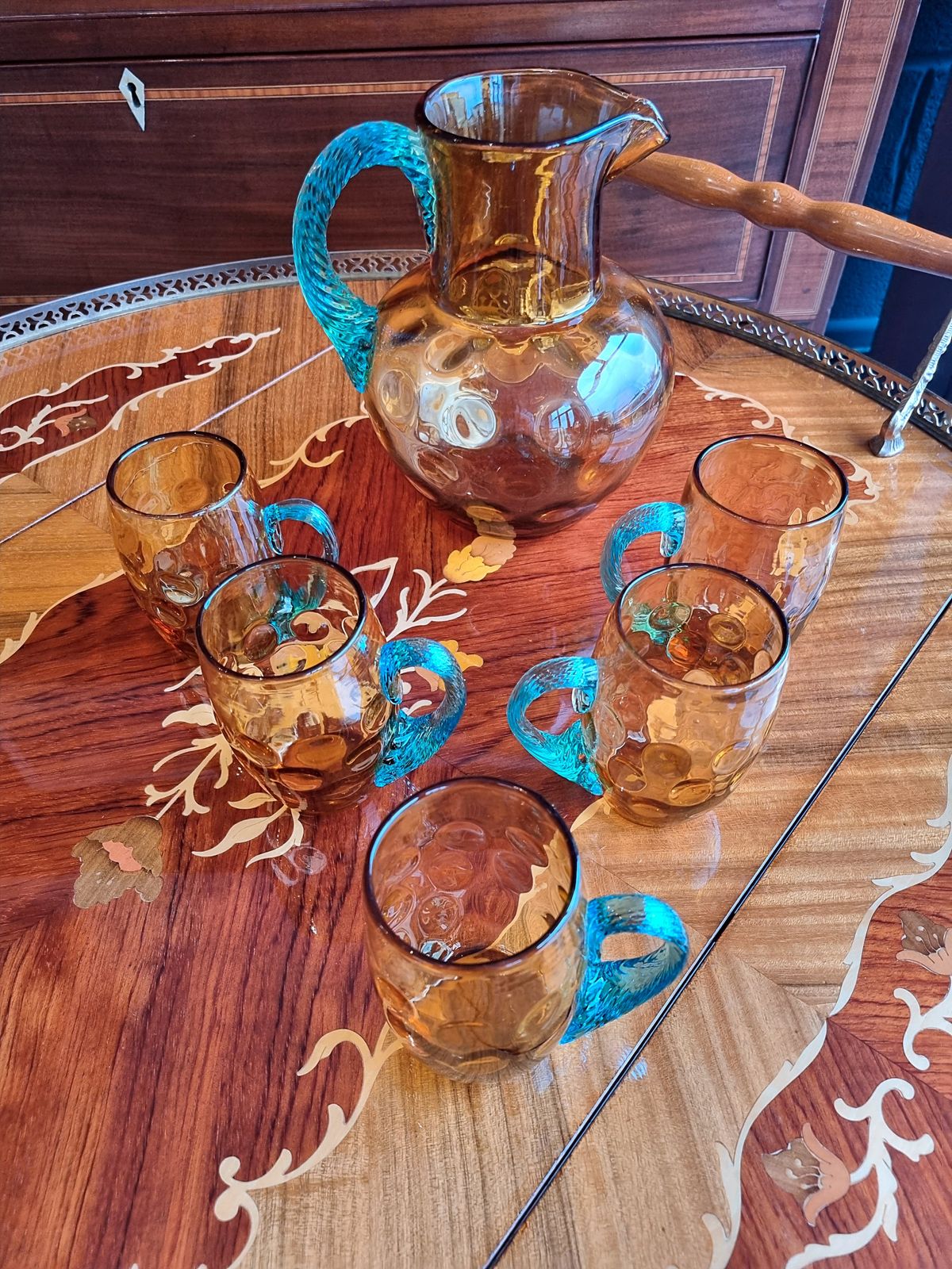 Rare Victorian Amber Dimpled Glass Water Jug Glassware Set Drinking Glasses Cups Mugs Turquoise Handles photo for sale