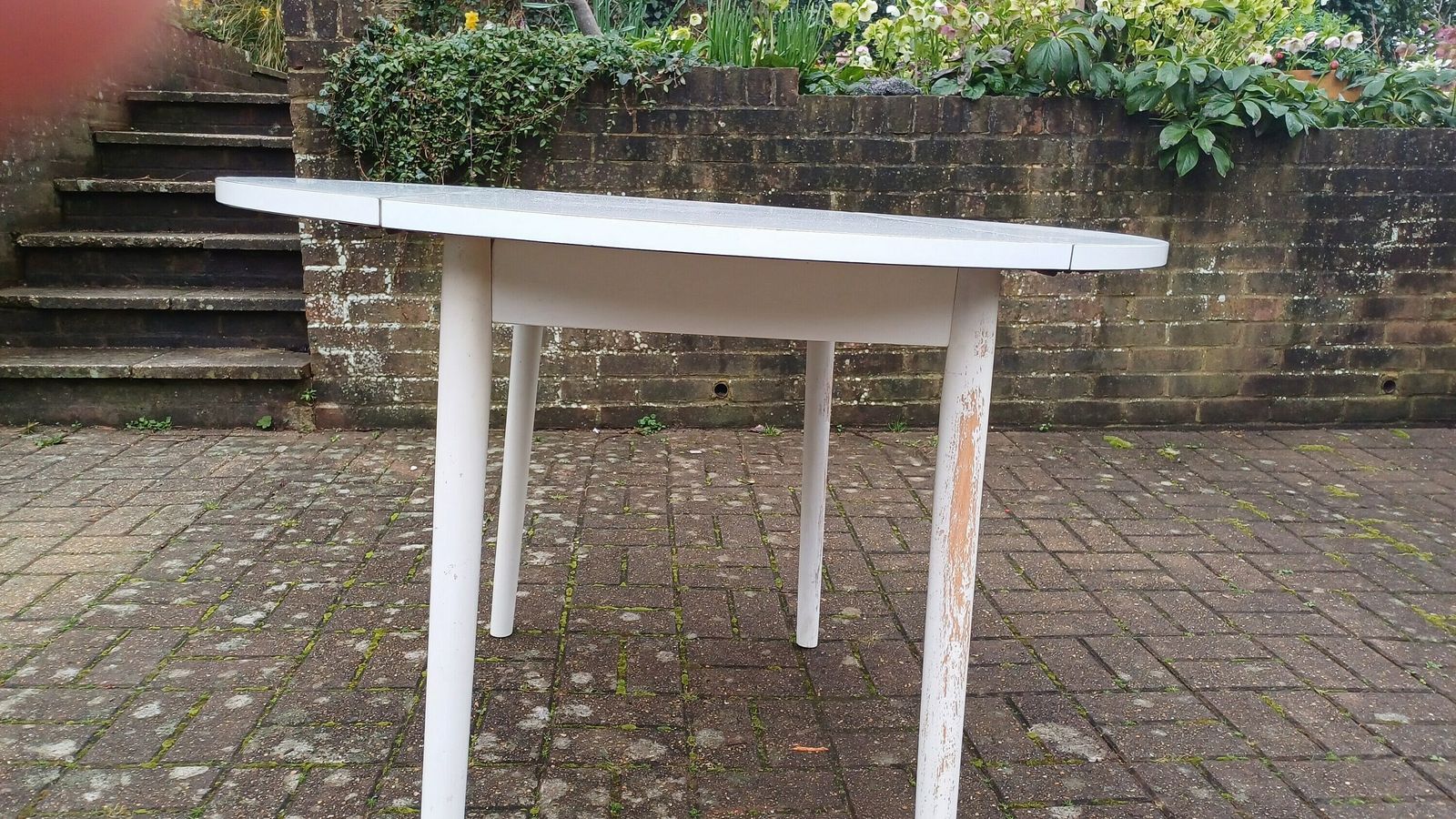 Classic Vintage Retro 70s Dining Kitchen Table White Formica Top And Wooden Legs. Legs Are Detachable For Access. 'Dinette'. Drop Leaf. photo vintage