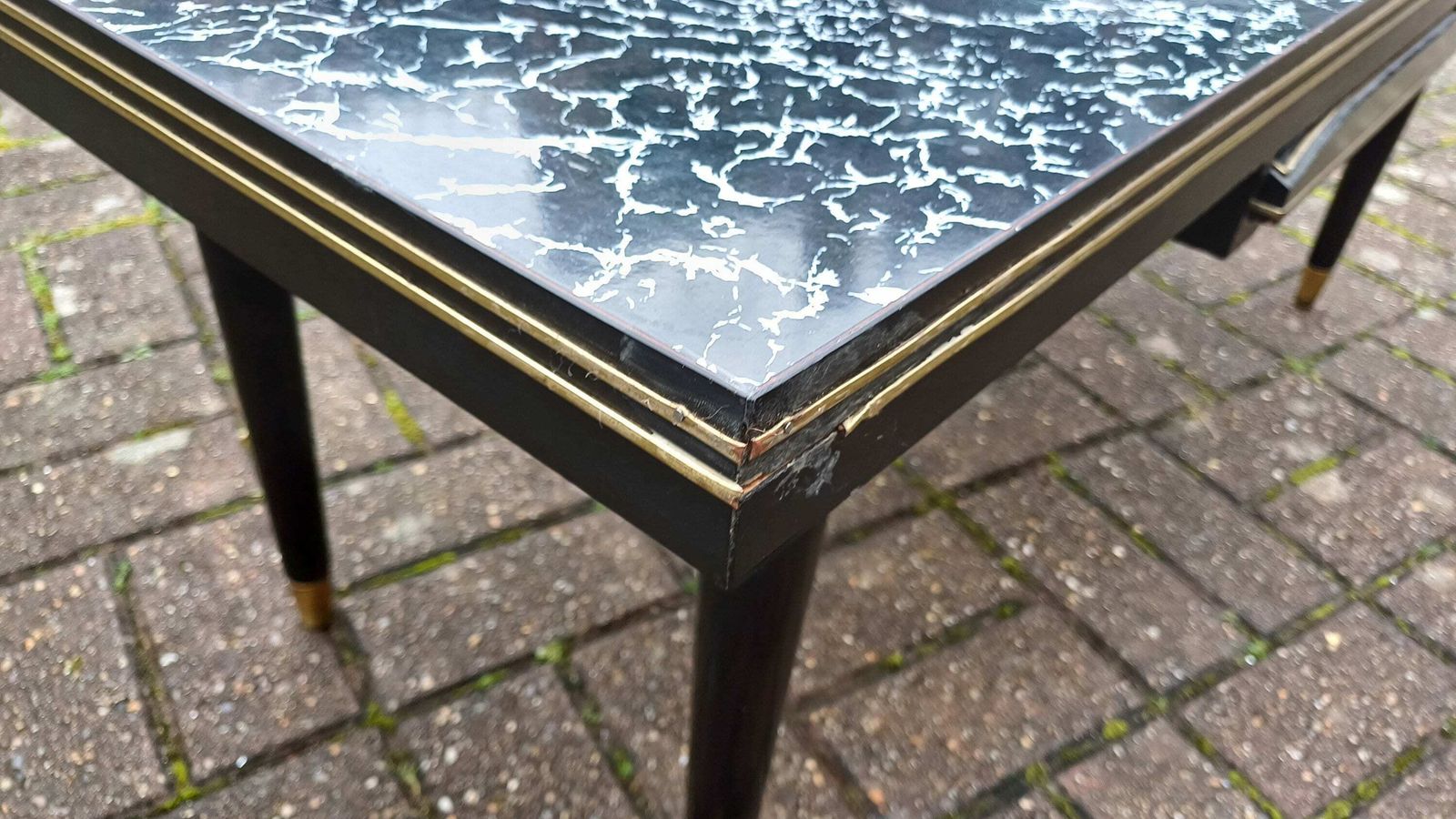 photo furniture Superb Vintage Formica Coffee Table Formica Top Wooden Black And Brass Legs Unusual Built In Tray.