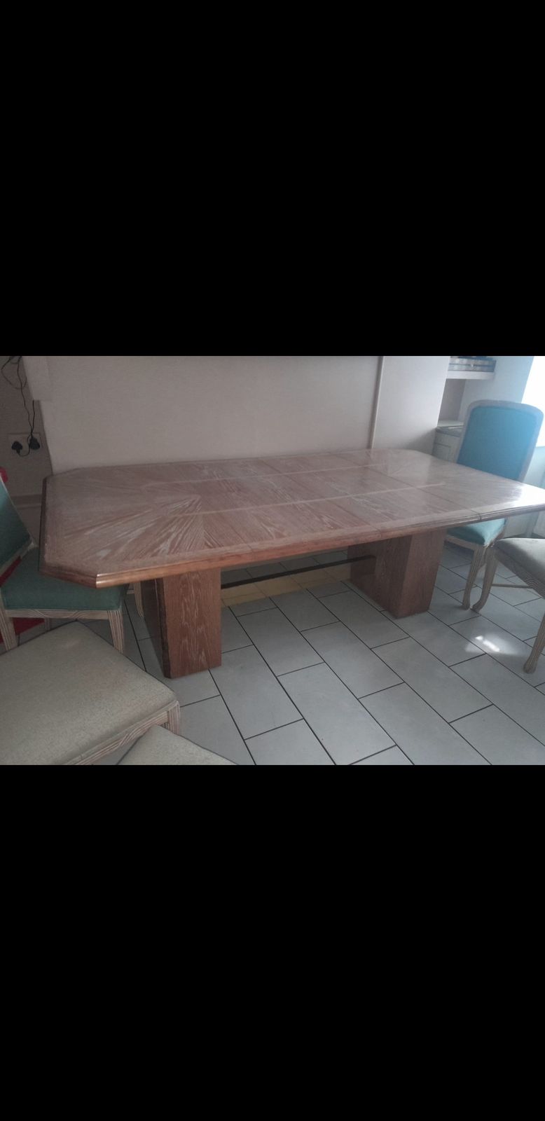 Mid Century Oak Ped Base Dining Table W/ Brass Trim Sgnd Jean Claude Mahey photo for sale