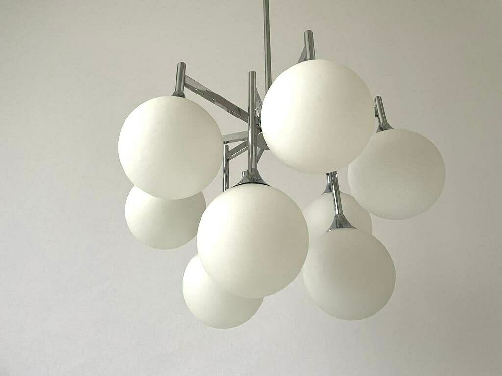 Beautiful 9 White Ball Glass And Chrome Body Chandelier By Kaiser Leuchten, 1960s, Germany photo for sale