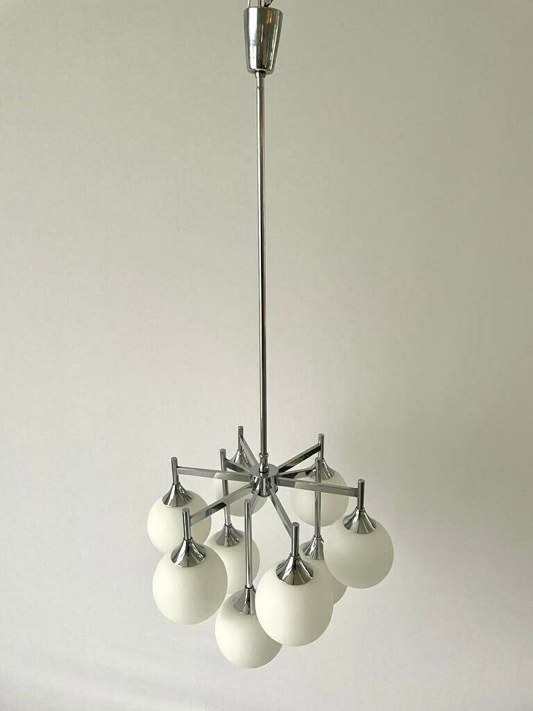 Beautiful 9 White Ball Glass And Chrome Body Chandelier By Kaiser Leuchten, 1960s, Germany photo 3327.0
