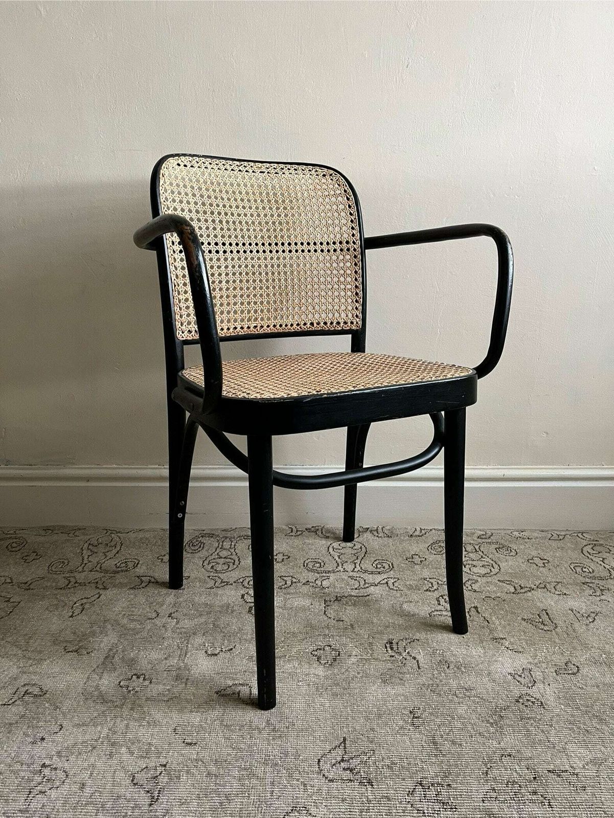 photo for sale Model 811 Chair By Josef Frank For Thonet In Black Lacquered Bentwood With Cane Seat Panel, Pair Of Vintage Prague Chairs Available