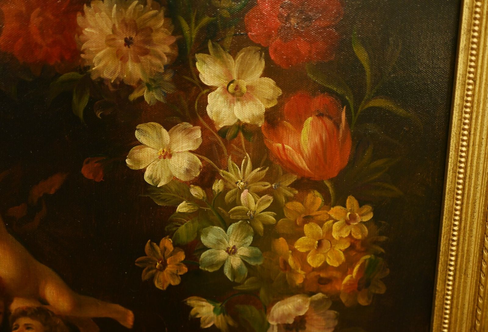 Regency Oil Painting Cherub Floral Potrait Putti Trio Signed photo vintage