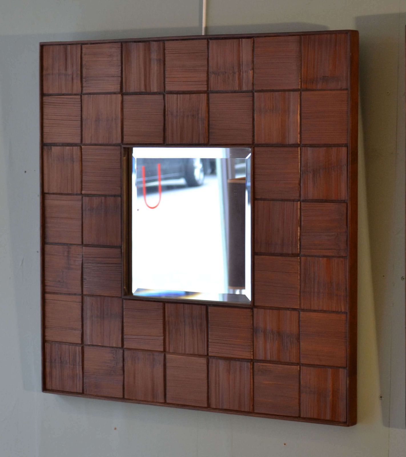Pair Of Square Mirrors Carved Wood Relief, 1960's, Italy photo for sale