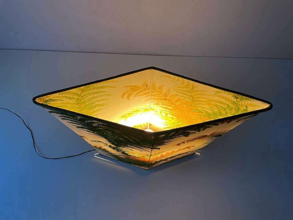 photo furniture Forest Flower Theme Fabric Shade Italian Floor Lamp With Signed Wood Base, 1950s, Italy