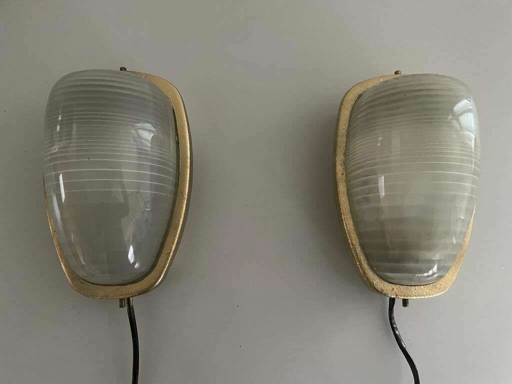 Italian Glass And Gold Coated Brass Pair Of Industrial Sconces By Lambda, 1960s, Italy photo furniture