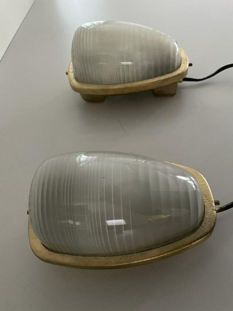 Italian Glass And Gold Coated Brass Pair Of Industrial Sconces By Lambda, 1960s, Italy photo Lighting