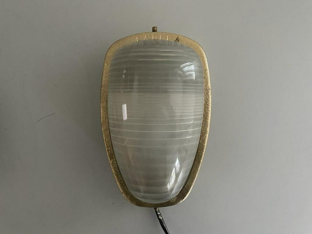 Italian Glass And Gold Coated Brass Pair Of Industrial Sconces By Lambda, 1960s, Italy photo vintage