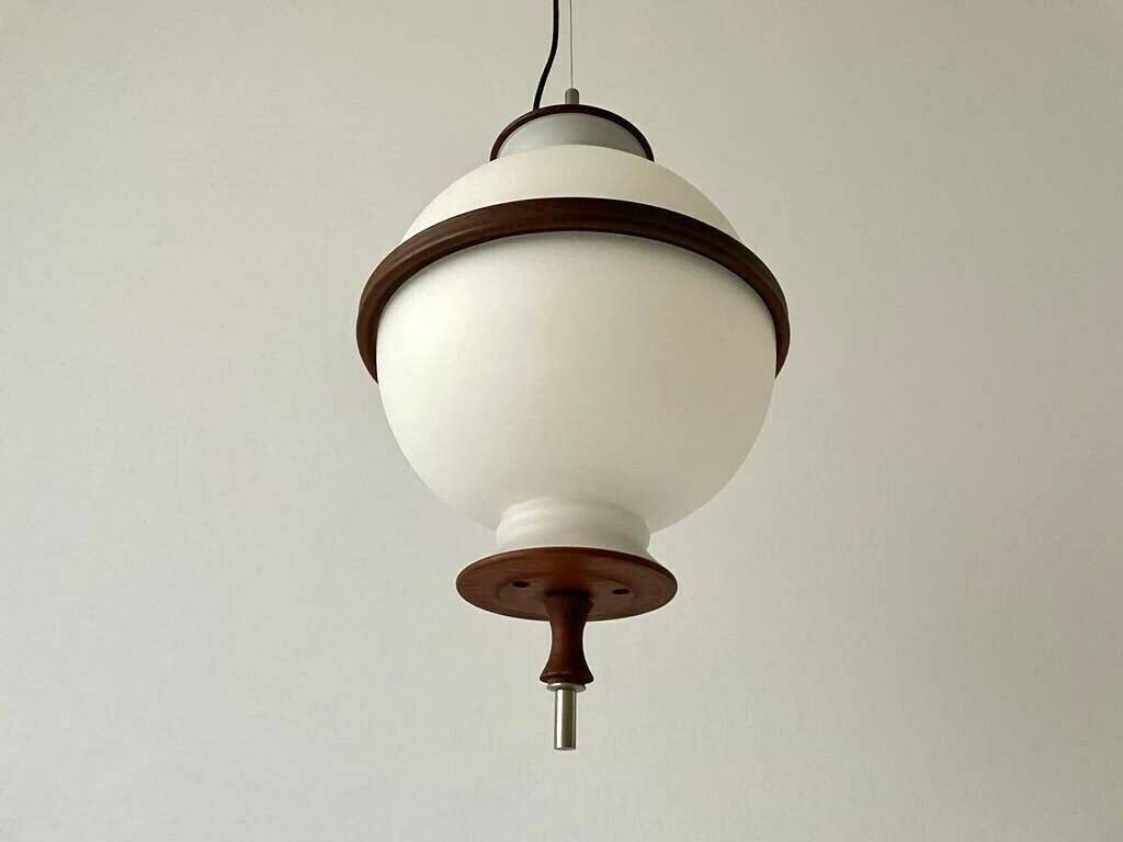 Opal Glass Ceiling Lamp By Reggiani Illuminazione With Teak Details, 1960s, Italy photo for sale
