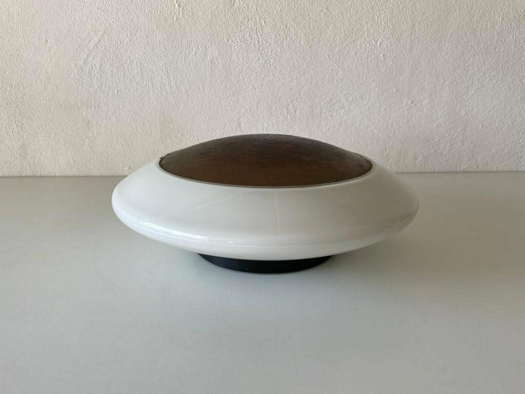 Mushroom White Glass Flush Mount Ceiling Or Wall Lamp With Copper Paint Detail By Peill Putzler, 1960s, Germany