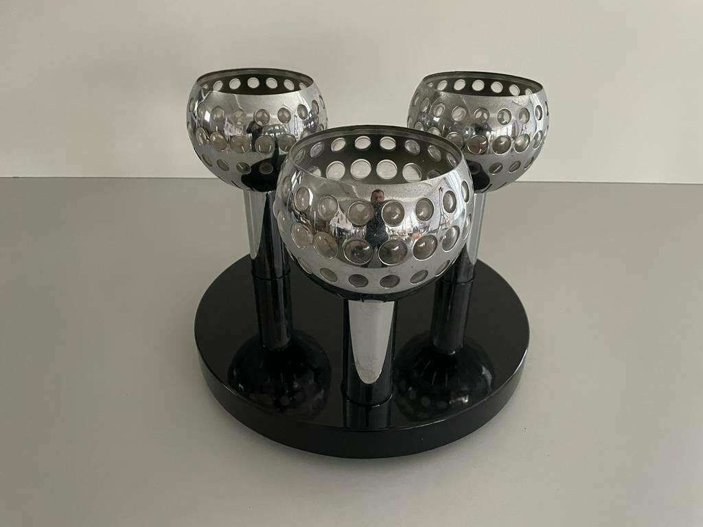 Italian Space Age 3 Shade Flush Mount Ceiling Lamp With Wooden Base, 1970s, Italy