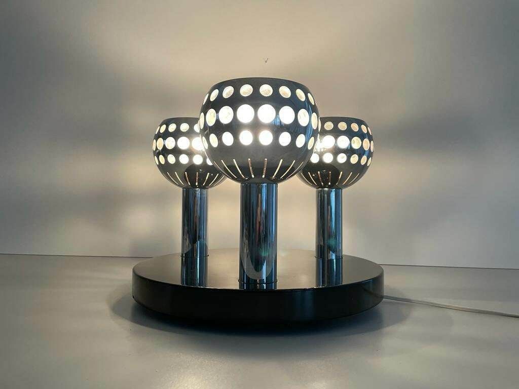 Italian Space Age 3 Shade Flush Mount Ceiling Lamp With Wooden Base, 1970s, Italy photo furniture