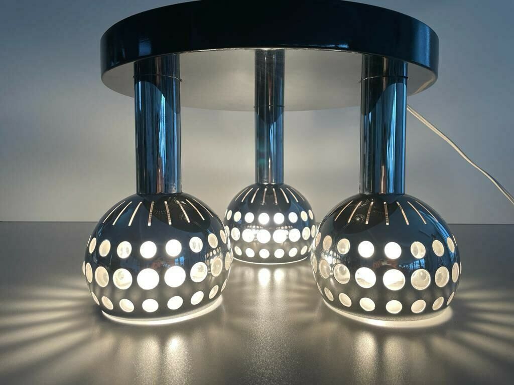 photo for sale Italian Space Age 3 Shade Flush Mount Ceiling Lamp With Wooden Base, 1970s, Italy