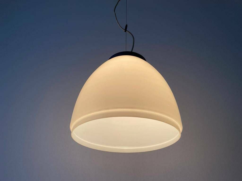 photo furniture Italian White Glass Pendant Lamp With Dark Blue Top, 70s/80s, Italy