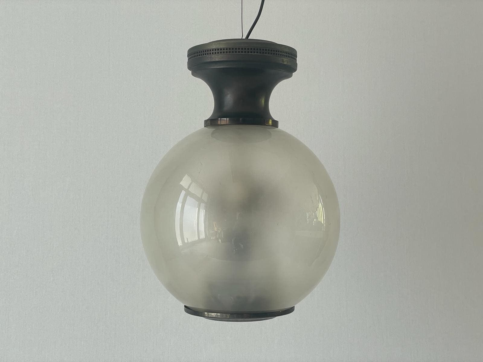 Exceptional Italian Design Smoked Ball Glass Large Pendant Lamp, Italy, 60s