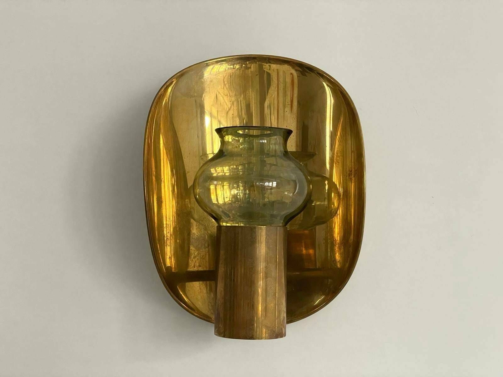 German Modernist Brass Curved Backside And Glass Candle Holder, Probably Scandinavia, 50s