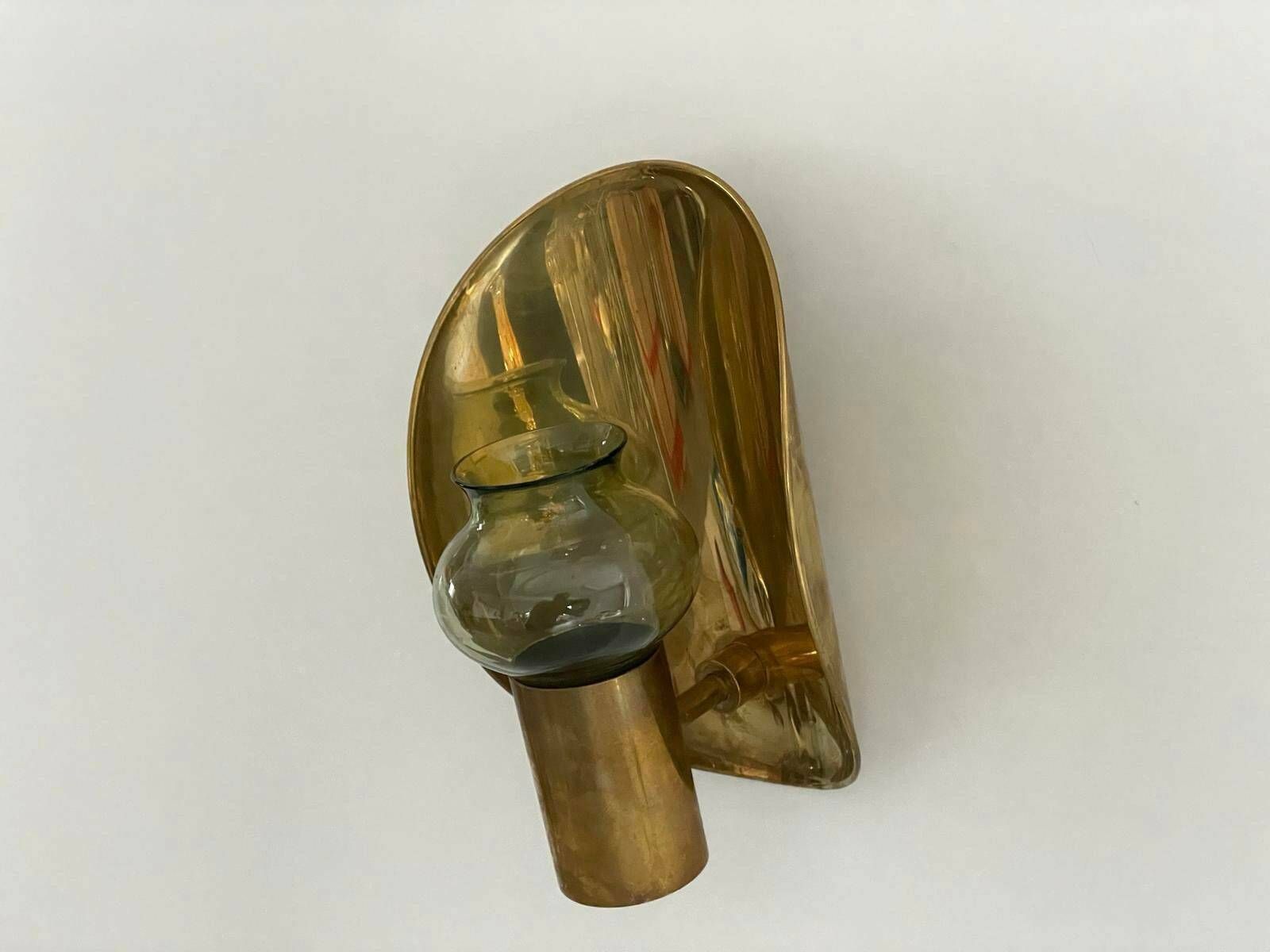German Modernist Brass Curved Backside And Glass Candle Holder, Probably Scandinavia, 50s photo for sale