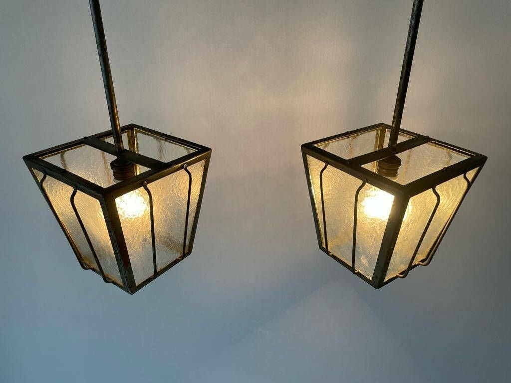 Industrial Type Frosted Glass Milano Apartment Pair Of Ceiling Lamps, 1950s, Italy photo vintage