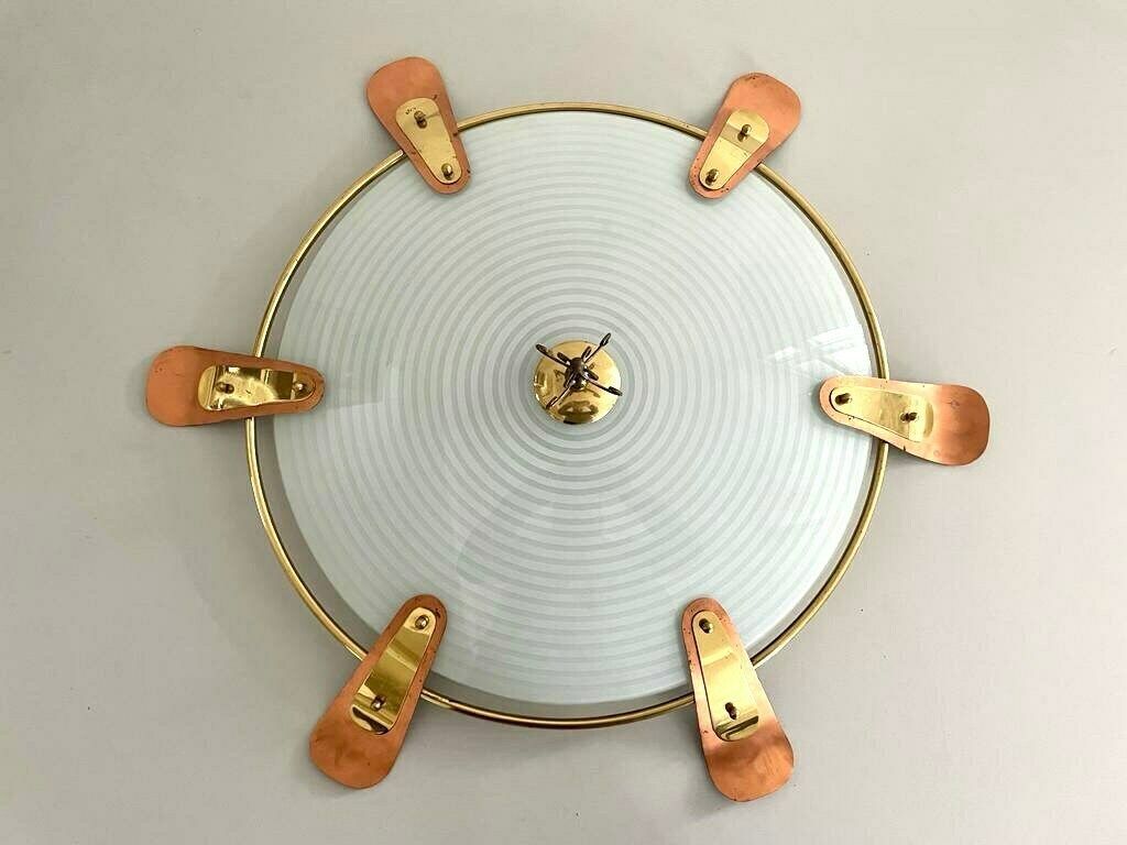 50s German Large Glass Flush Mount Ceiling Lamp With Copper And Gold Metal Frame photo for sale