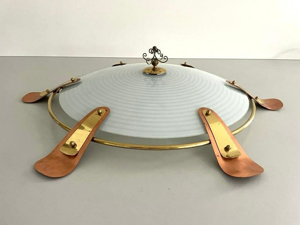 50s German Large Glass Flush Mount Ceiling Lamp With Copper And Gold Metal Frame photo Lighting