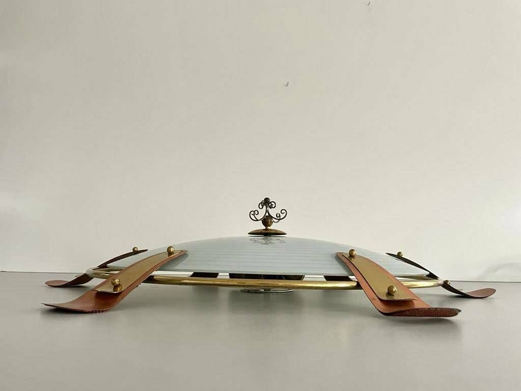 50s German Large Glass Flush Mount Ceiling Lamp With Copper And Gold Metal Frame photo 1109.0