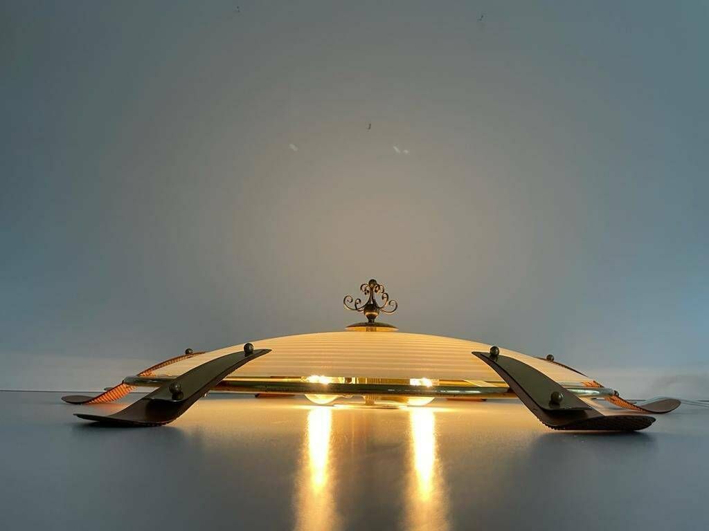 50s German Large Glass Flush Mount Ceiling Lamp With Copper And Gold Metal Frame photo vinterior