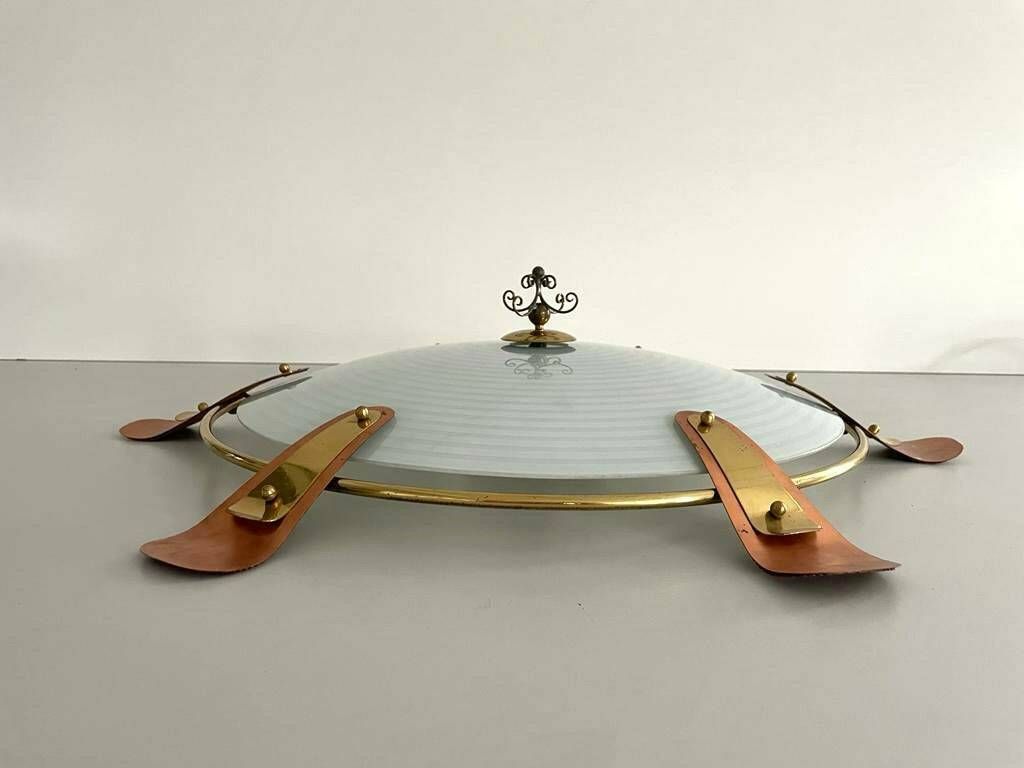 50s German Large Glass Flush Mount Ceiling Lamp With Copper And Gold Metal Frame photo buy