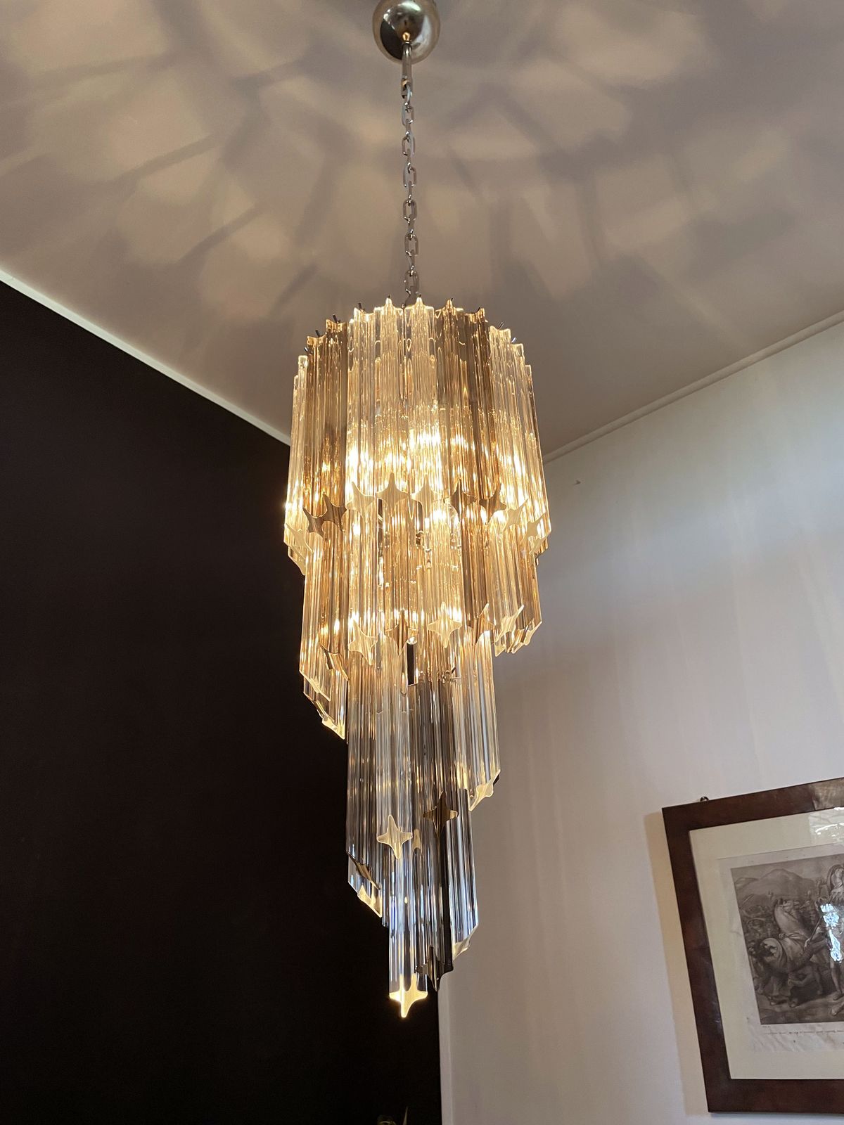 photo vintage Murano Big Chandelier  – 54 Quadriedri Prisms Trasparent And Smoked
