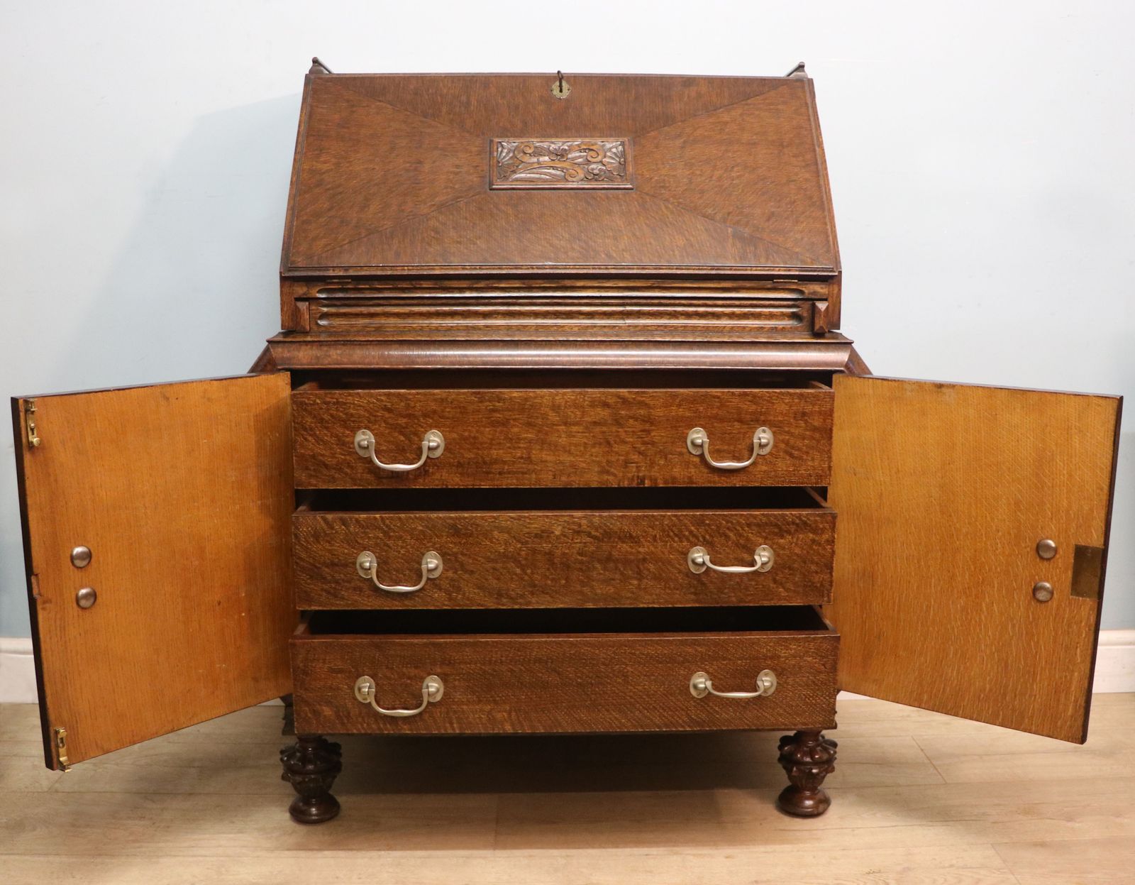 A Most Unusually Configured Oak Veneered Bureau. photo Furniture