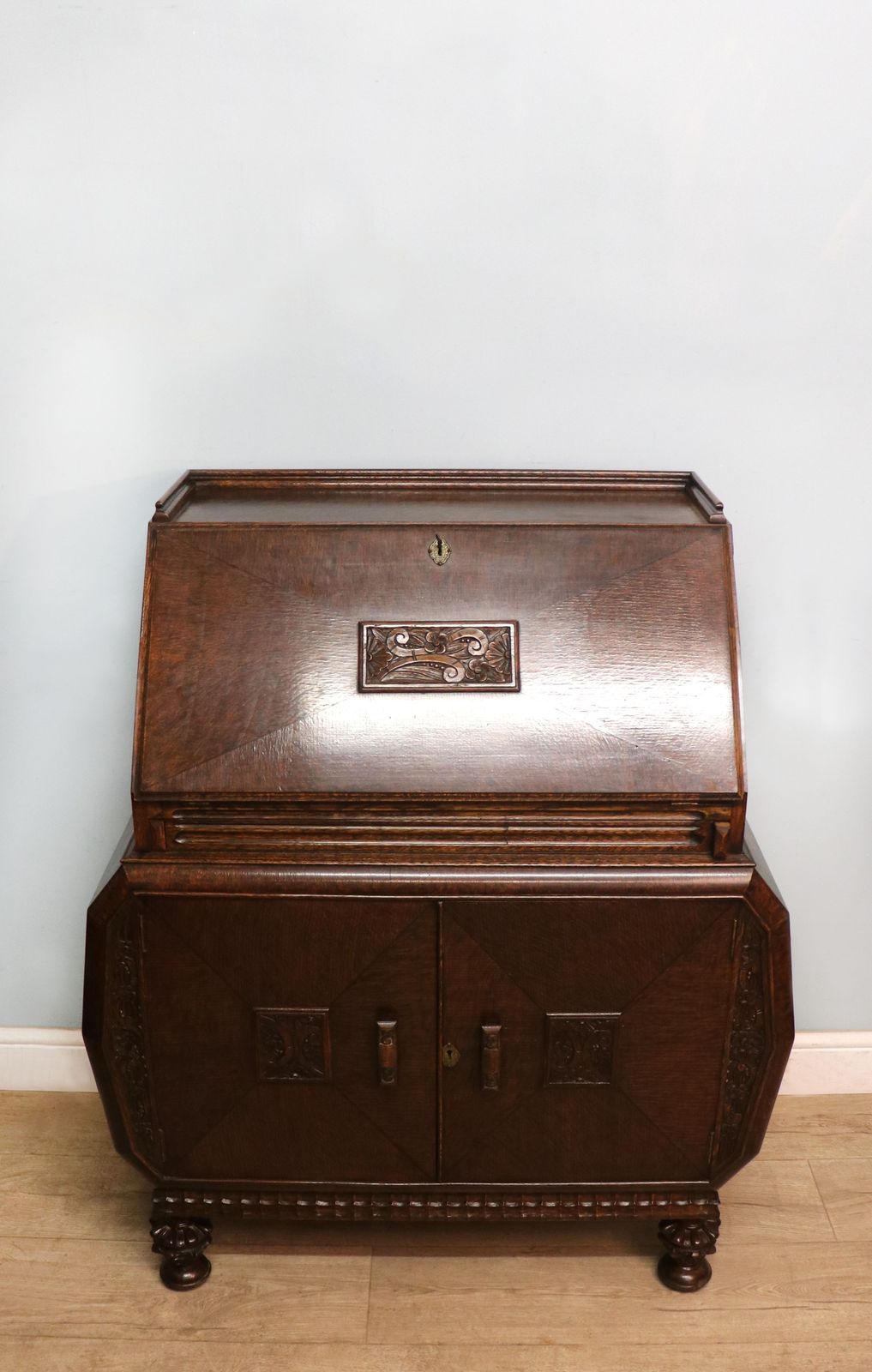A Most Unusually Configured Oak Veneered Bureau. photo 895.0