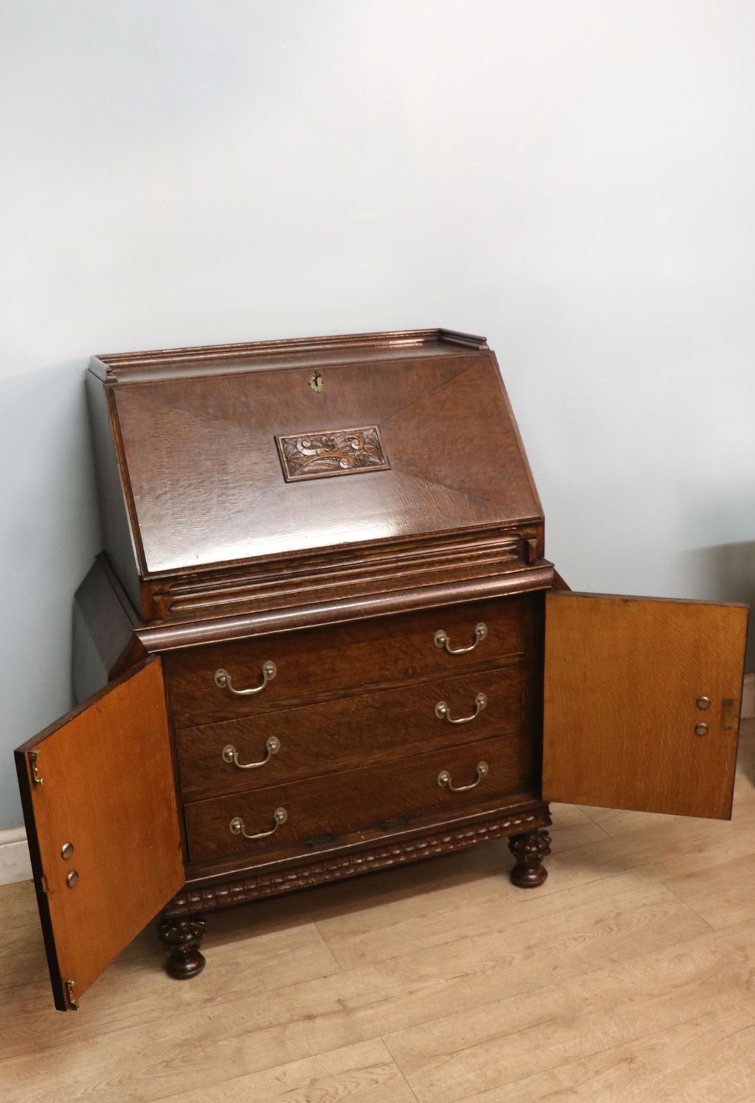 A Most Unusually Configured Oak Veneered Bureau. photo vintage