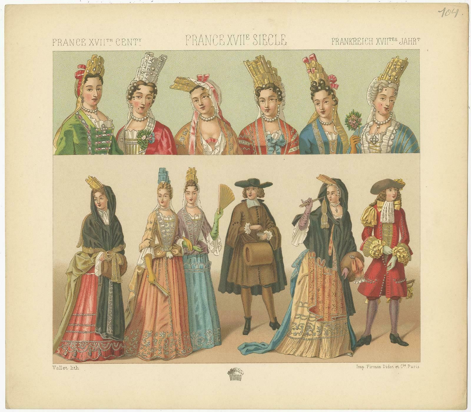 Pl. 104 Antique Print Of French 17th Century Costumes By Racinet, Circa 1880 photo furniture