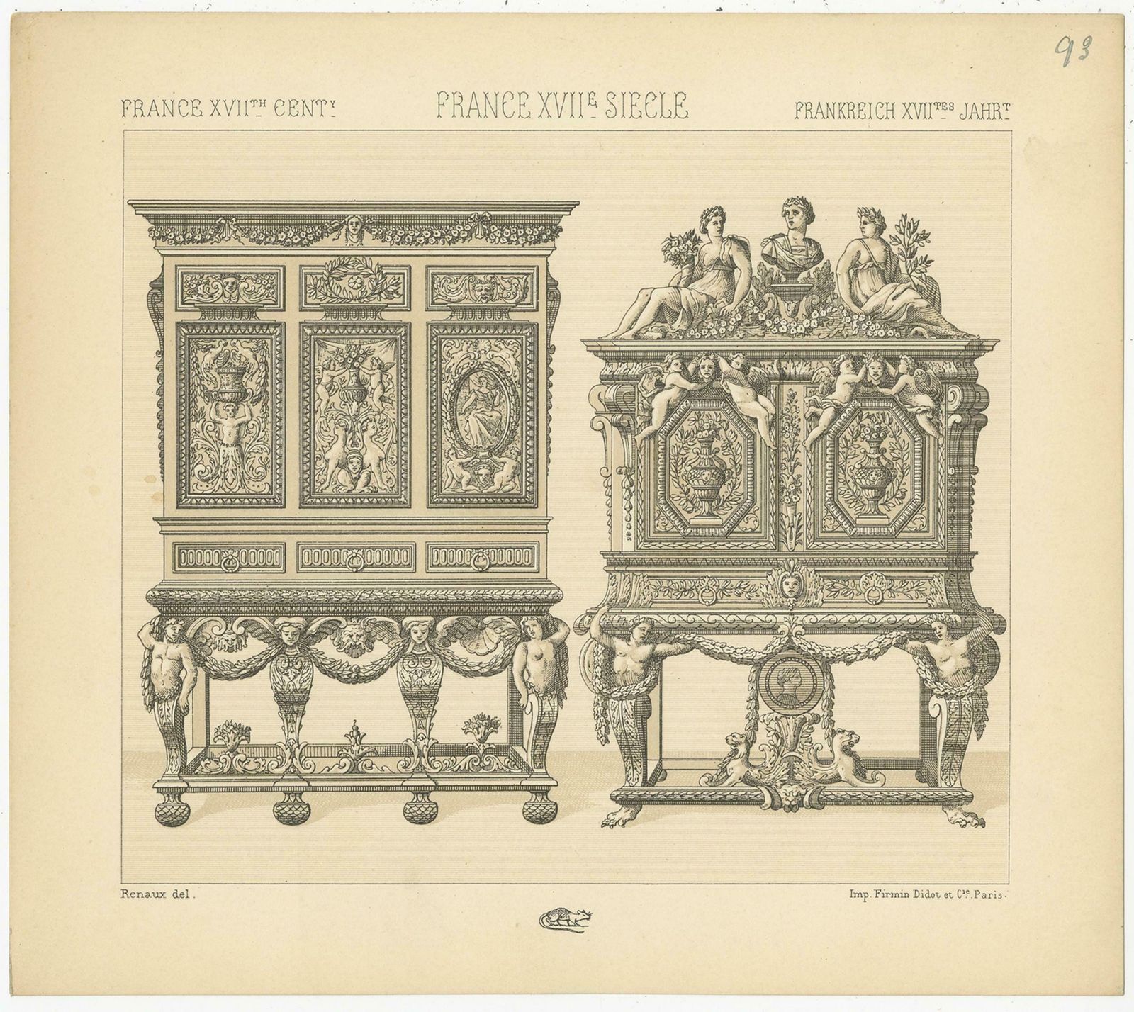 Pl. 93 Antique Print Of French 17th Century Furniture By Racinet, Circa 1880 photo Art