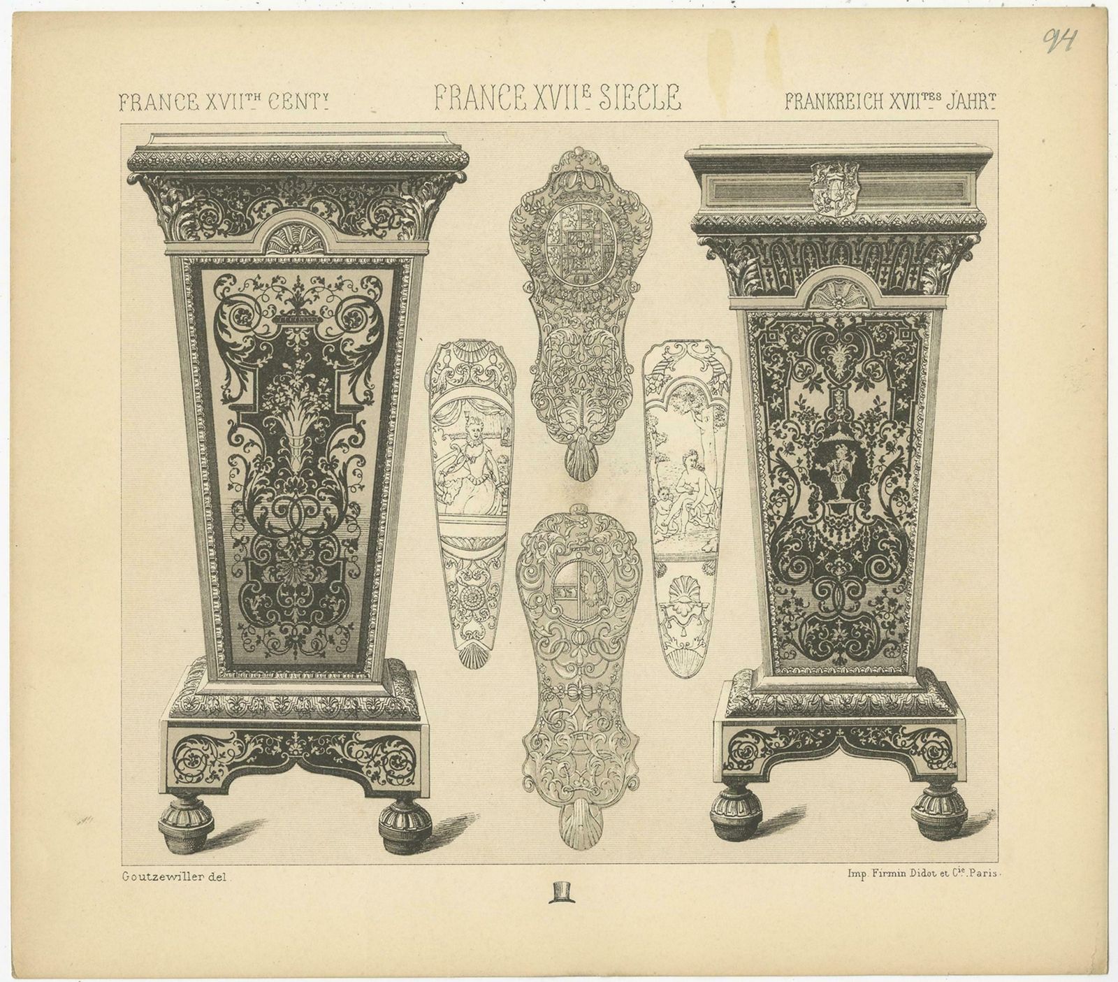 Pl. 94 Antique Print Of French 17th Century Decoration By Racinet, Circa 1880 photo furniture