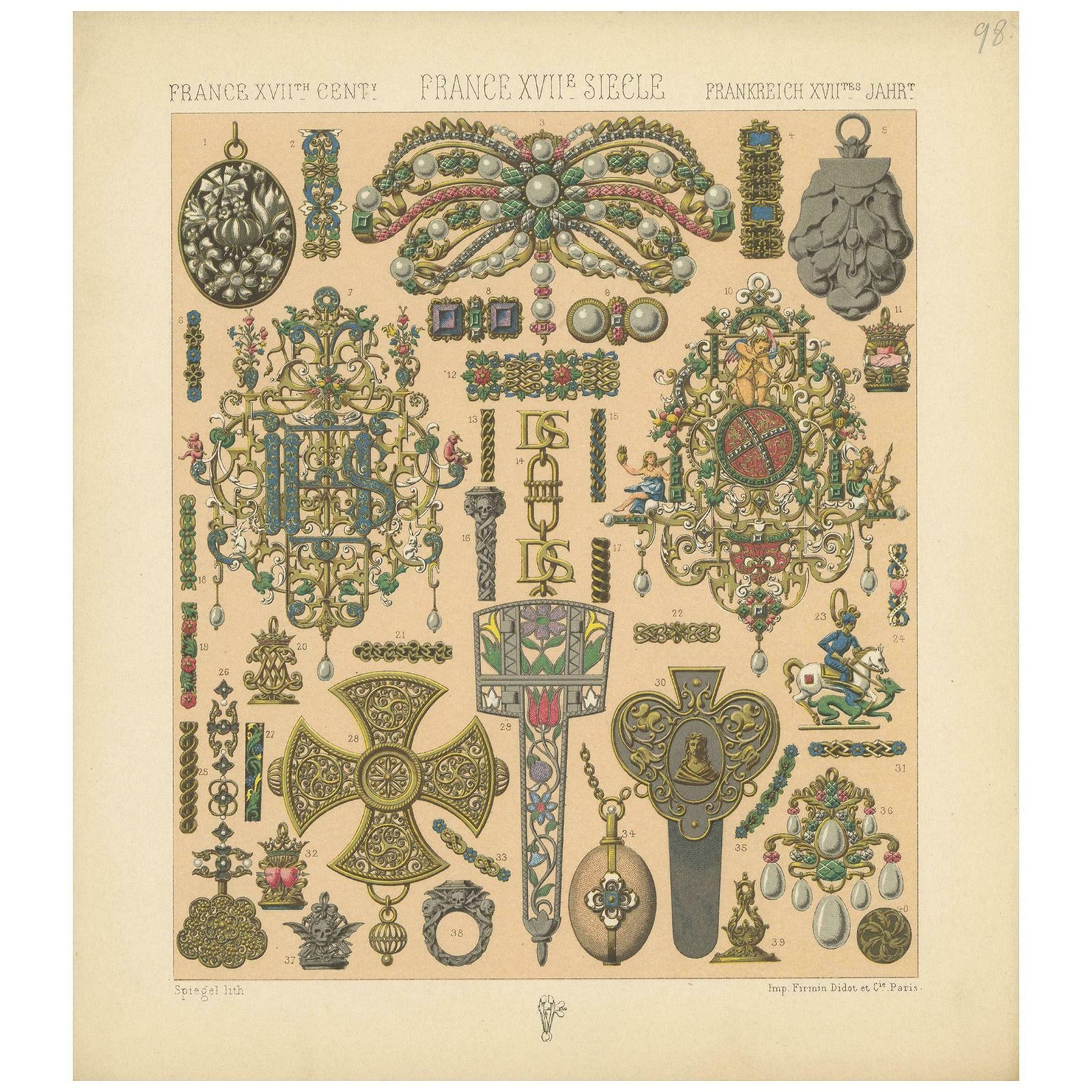 Pl 98 Antique Print Of French Decorative Objects By Racinet, 'Circa 1880'