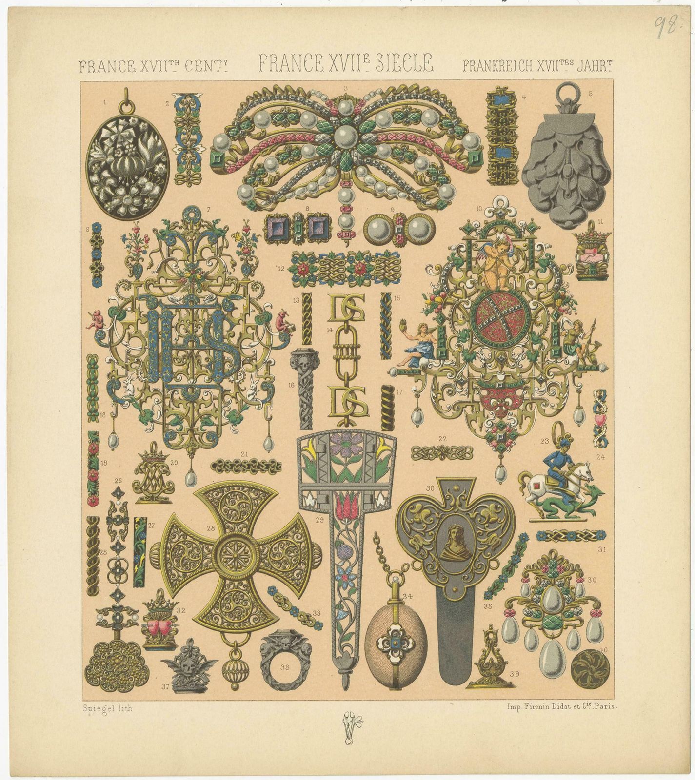 Pl 98 Antique Print Of French Decorative Objects By Racinet, 'Circa 1880' photo Art