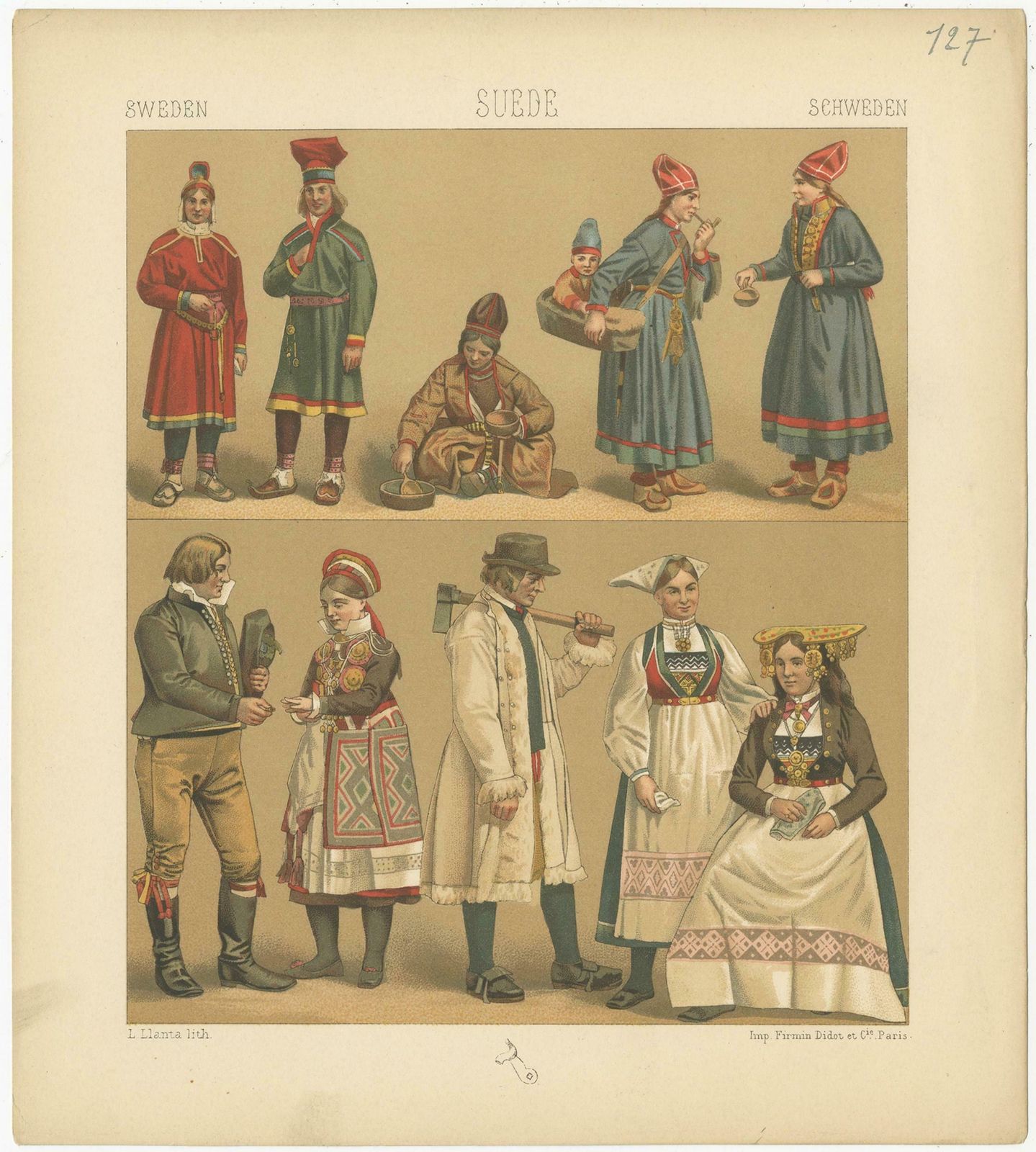 Pl. 127 Antique Print Of Swedish Costumes Of Racinet, 'Circa 1880 photo Art