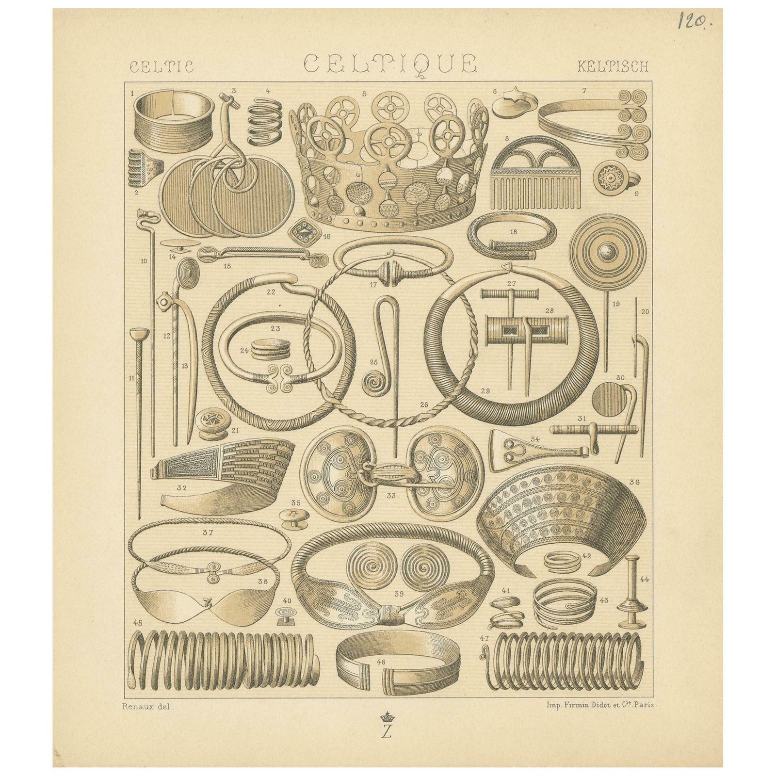 Pl. 120 Antique Print Of Celtic Scandinavian Jewelry Of Racinet, 'Circa 1880'
