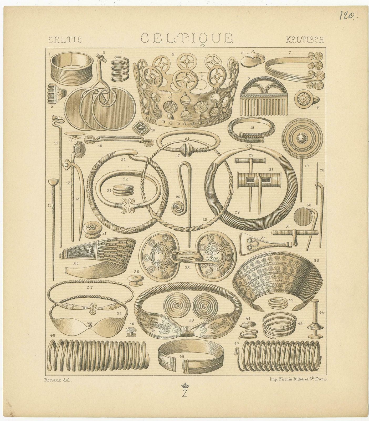 Pl. 120 Antique Print Of Celtic Scandinavian Jewelry Of Racinet, 'Circa 1880' photo furniture