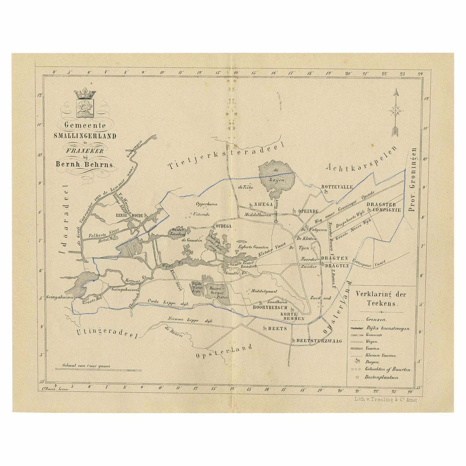 Antique Map Of The Dutch Smallingerland Township, 1861