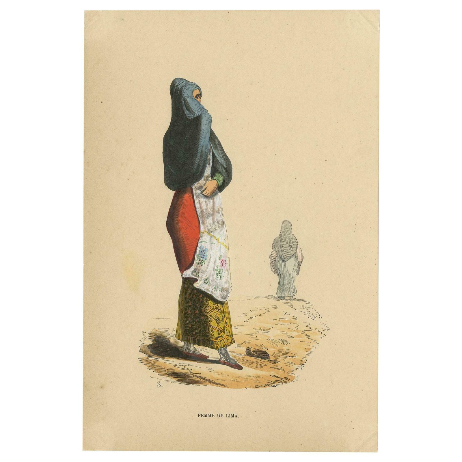 Antique Costume Print Of A Woman In Lima By Wahlen, 1843