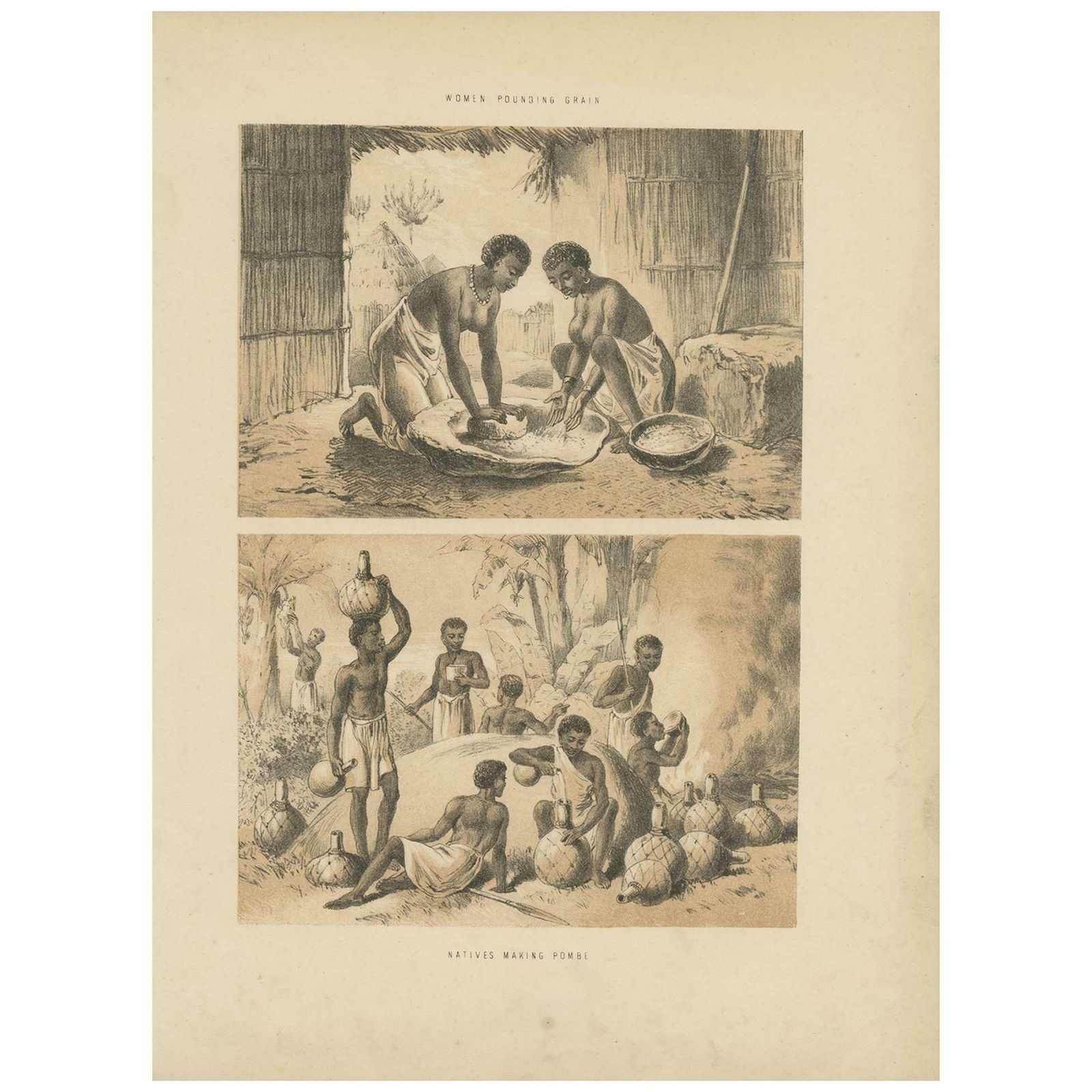 Antique Print Of Women Pounding Grain And Africans Brewing Pombe, Circa 1860