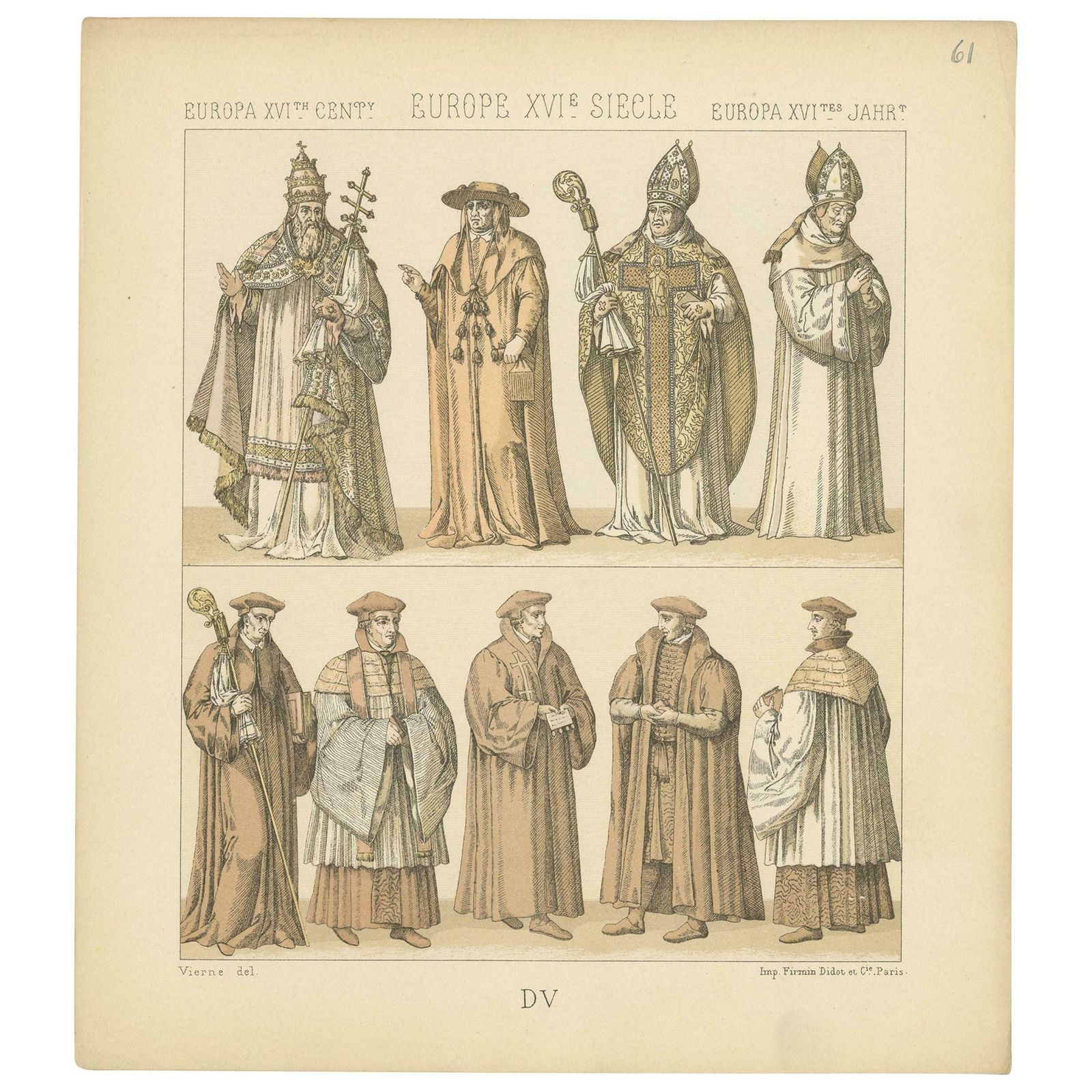 Pl. 61 Antique Print Of European 16th Century Costumes By Racinet, Circa 1880