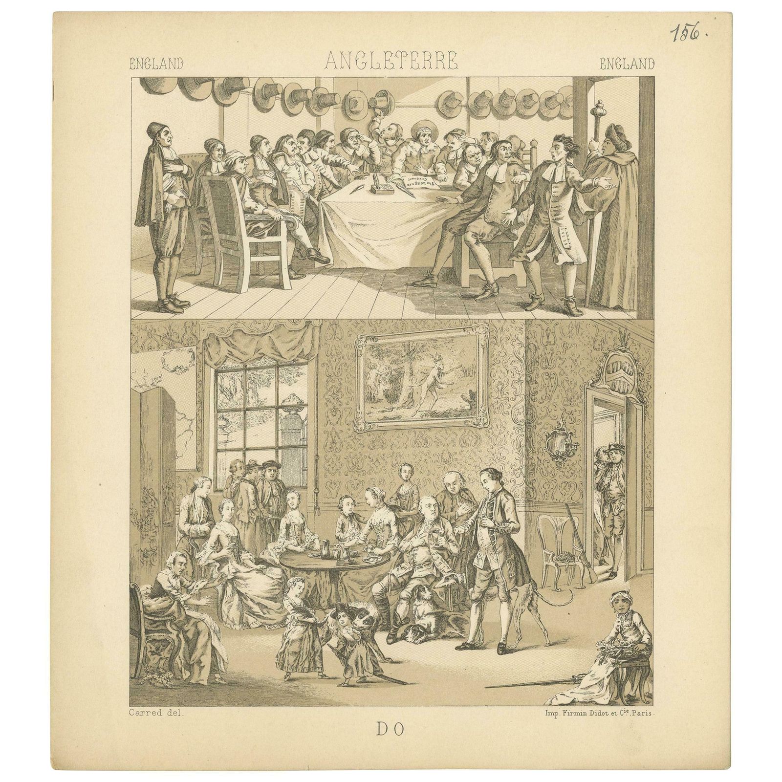Pl. 156 Antique Print Of English Scenes, Costumes By Racinet, 'Circa 1880'