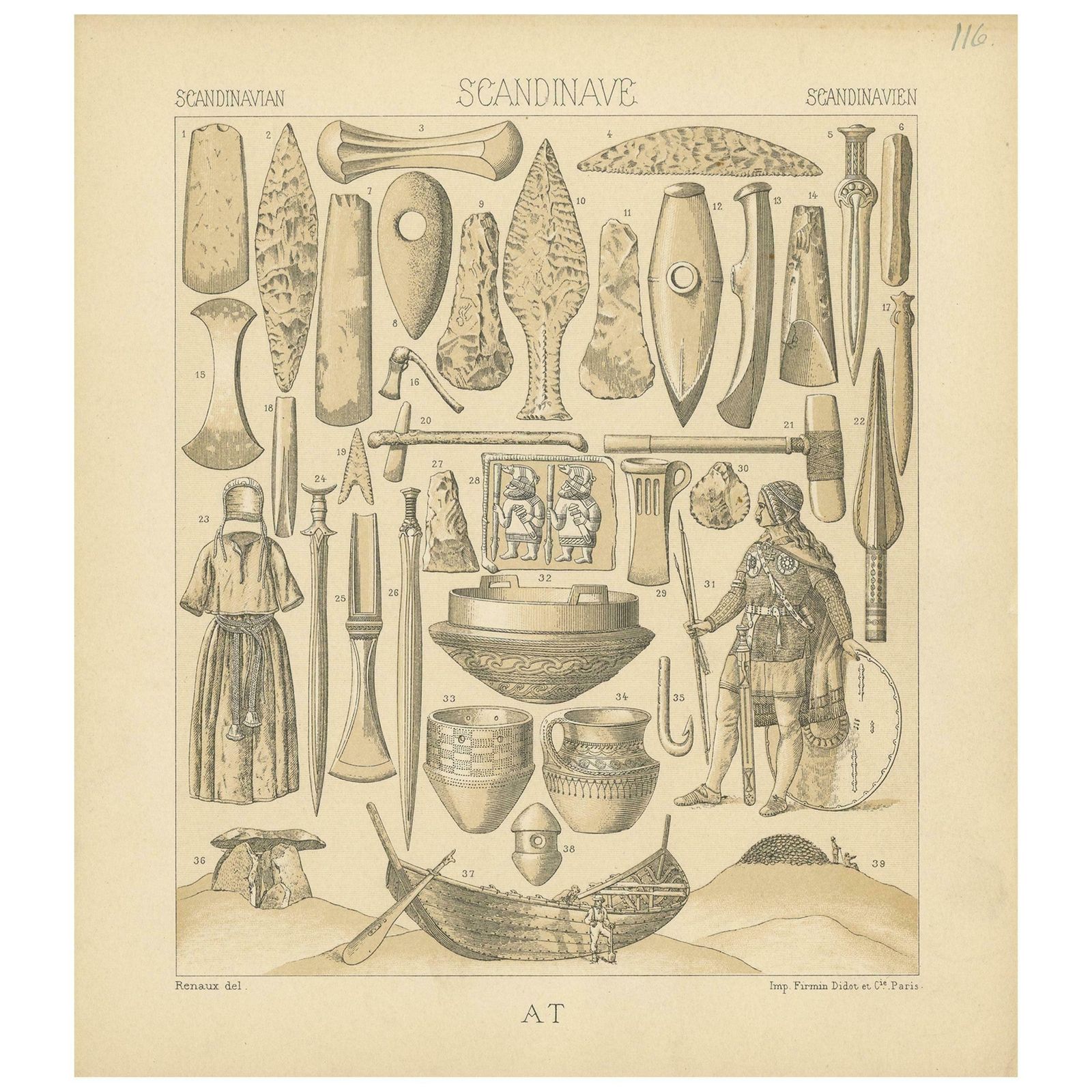 Pl. 116 Antique Print Of Scandinavien Tools And Objects Of Racinet, 'Circa 1880'